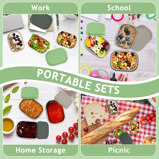 Homikit 3 Pack Snack Containers for Kids, 18/10 Stainless Steel Toddler Lunch Box with Silicone Lids, Reusable Bento Food Container Set for School Daycare, Nontoxic & Leak Proof, Green/Khaki/Gray