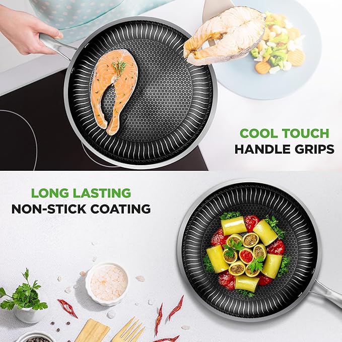 NutriChef 12" Stainless Steel Frying Pan with Lid- Triply Hybrid Large Skillet, Scratch-resistant Raised-up Honeycomb Fire Textured Pattern, Oven & DIshwasher Safe, NC3PL12