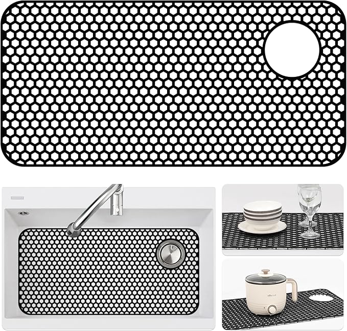 Silicone Sink Protectors for Kitchen Sink - 28.4"x 14.3" Kitchen Protector Accessory, Non-Slip Heat Resistant Mat for Bottom of Farmhouse Porcelain Stainless Steel(Top Right Drain Hole,Black)