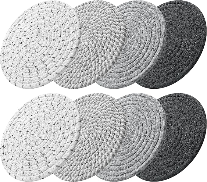 ME.FAN 8 Inch Trivets for Hot Dishs, 8 Set Cotton Thread Weave Trivets for Hot Pans, Potholders, Large Coasters, Hot Pads, Hot Mats to Protect Desktop & Countertop, Kitchen Essentials Grey