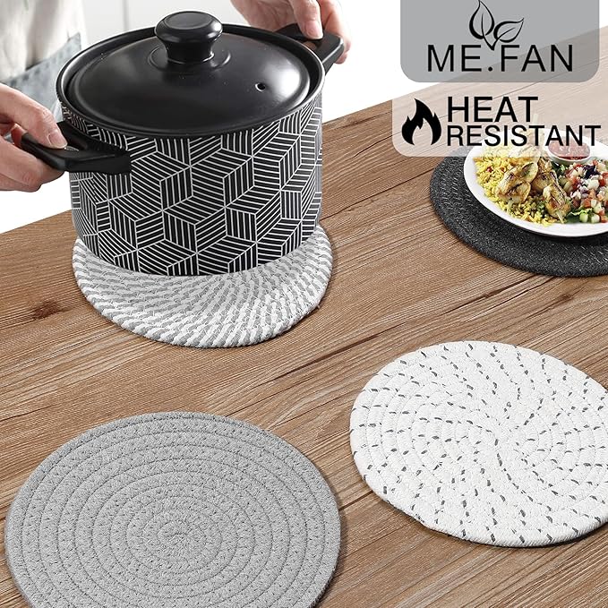 ME.FAN 8 Inch Trivets for Hot Dishs, 8 Set Cotton Thread Weave Trivets for Hot Pans, Potholders, Large Coasters, Hot Pads, Hot Mats to Protect Desktop & Countertop, Kitchen Essentials Grey