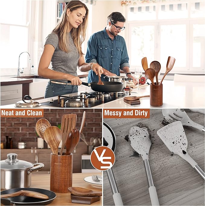 12 Piece Wooden Spoons for Cooking, Wooden Utensils for Cooking with Utensils Holder, Natural Teak Wooden Kitchen Utensils Set with Wooden Spoon Rest, Comfort Grip