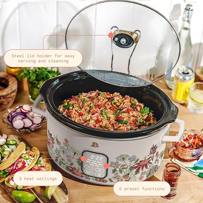 Beautiful 6 Qt Programmable Slow Cooker with Touch Control, Digital Timer and Keep Warm Function – Large Electric pot Capacity Kitchen Appliance by Drew-Barrymore (Wildflower Taupe)