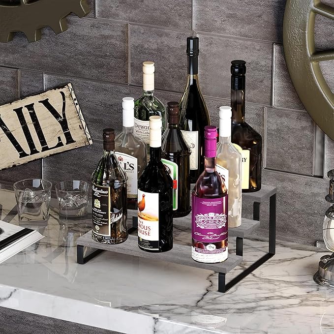 YINMIT Wooden Display Riser Stand, Tiered Perfume and Cologne Organizer Stand, 3 Tier Spice Rack Organizer, Rustic Display Shelf for Candles (3 Tier,Grey)