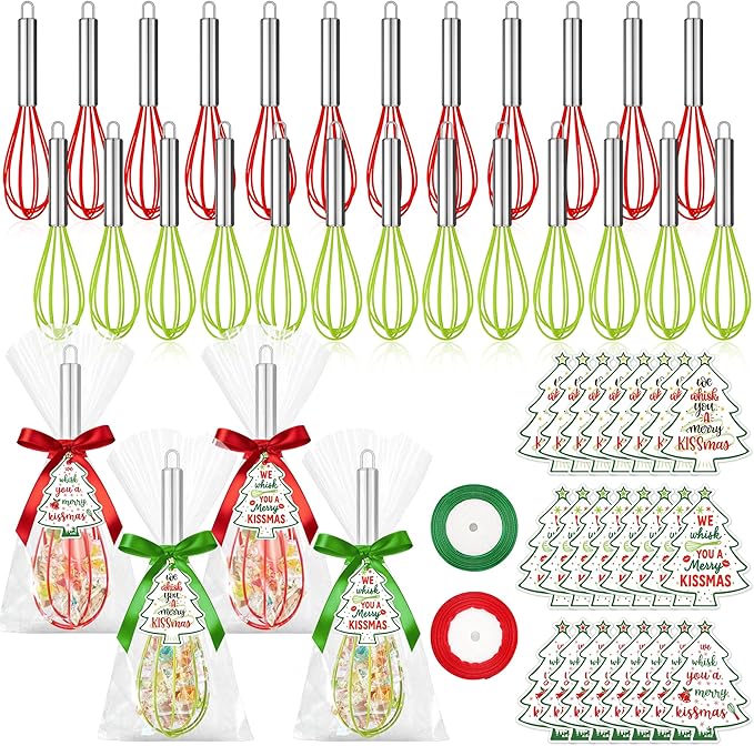 24 Sets 10 Inch Christmas Whisk Baking Gifts, DIY Fillable Christmas Tree Ornaments, Xmas Colored Silicone Whisks for Xmas Employee Neighbor Cooking Supplies Xmas Stocking Stuffers Candy Holder