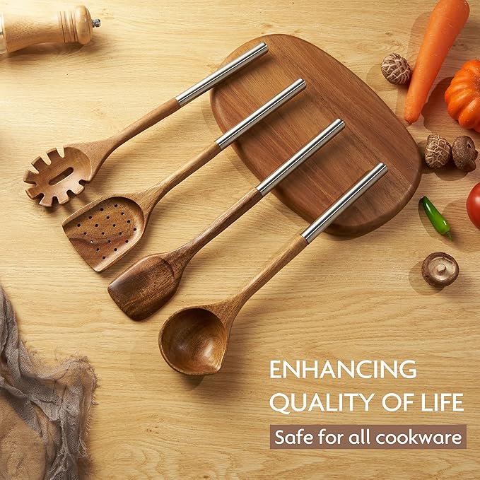 4 PCS Acacia Wood Cooking Utensils Set with Magnetic Hanging Handles Stainless Steel, Heat-Resistant Multi Function Cooking Tools