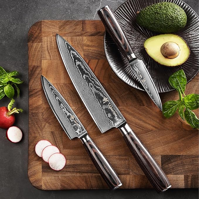 Wakoli EDIB Essentials 3-Piece Damascus Knife Set – Professional Chef's Knives with VG10 Core & 67-Layer Damascus Steel Blades, Ergonomic Pakkawood Handles – Premium Kitchen Knives in Elegant Gift Box