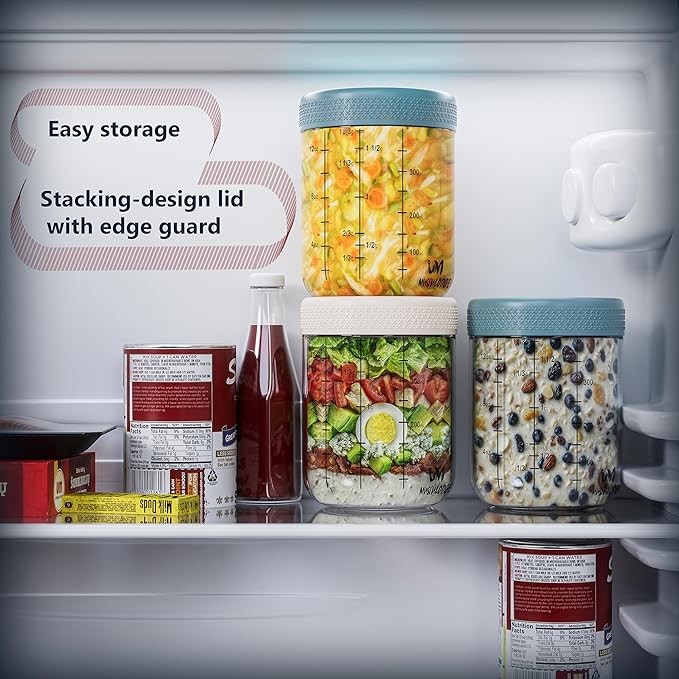 Mason jars 16 oz with lids. Glass meal prep containers. Overnight oats containers with lids. Chia seed pudding jars. Salad jar. Glass jars with airtight lid (4 Pack, Blue & Off-white)