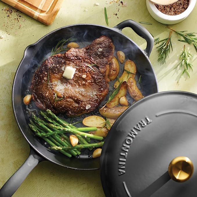 Tramontina Bestow Enameled Cast Iron Skillet with Lid, 12-inch Frying Pan, Smoke with Gold Knob