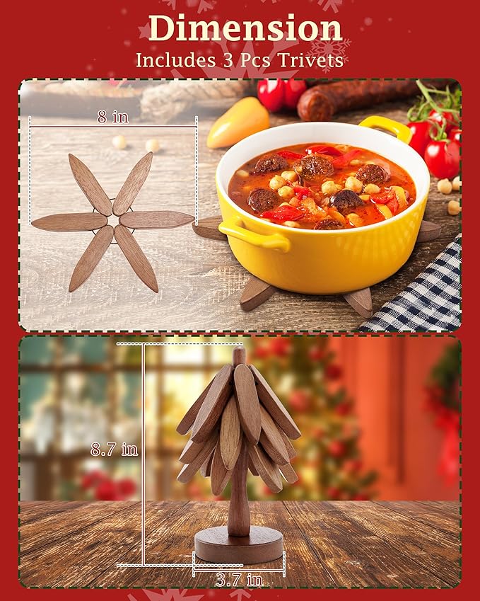 Wooden Trivets Tree for Hot Dishes, 2 Sets Wood Coaster for Hot Pots and Pans, Christmas Tree-Shaped Stackling Trivets with Organizer, 8 Inch Decorative Wooden Hot Pads, 6PCS Dark Walunt