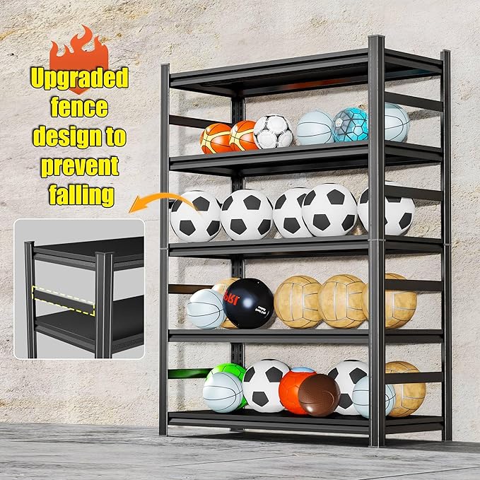 78'' Garage Storage Shelves, Metal 5Tier Shelving Unit, Adjustable, Double-Layer Column with Reinforced Ribs, Heavy-Duty, Capable of Bearing 3000 lbs, Suitable for Plant, Warehouse, Kitchen Storage