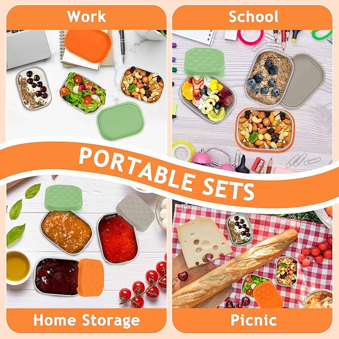 Homikit 3 Pack Snack Containers for Kids, 18/10 Stainless Steel Toddler Lunch Box with Silicone Lids, Reusable Bento Food Container Set for School Daycare, Nontoxic & Leak Proof, Green/Khaki/Orange