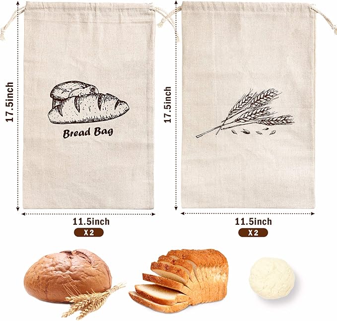 Augshy Linen Bread Bags for Homemade Bread Container, 4 Pcs 17.5 X11.5 Inches Unbleached & Reusable Bread Storage, Natural Large Storage for Artisan Bread