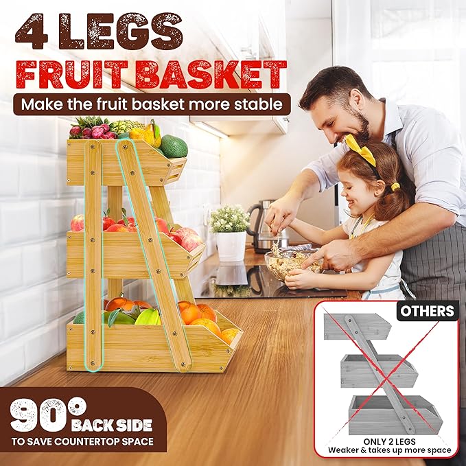 [Upgraded] Bamboo Fruit Basket with 4 Legs, 3-Tier Fruit Stand Storage Holder, Detachable Fruit Bowl for Countertop, Vegetable Holder for Kitchen Counter Organizer, Snack & Bread Storage Basket Stand