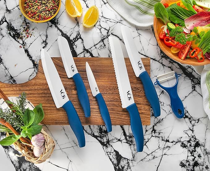 Vos Ceramic Knife with Peeler, Knives Set For Kitchen, Ultra Sharp Kitchen Knife Set with Covers, 4" 5" 6" 7" 8" Paring, Chef Knife, Santoku & 2 more, Lightweight, Dishwasher safe (Blue)