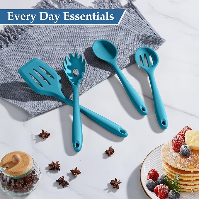 LIANYU Kitchen Silicone Cooking Utensils Set, 4Pcs Nonstick Cookware Utensils with Turner, Spoon, Pasta Server for Stir Frying, Serving, Mixing, Heat Resistant, Dishwasher Safe, Blue