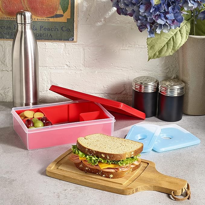 Fit & Fresh Collection Multi-Flex Bento Box with 2 Removeable Ice Packs, Adjustable Divided Meal Carrier Lunch Container, BPA-Free, 9.5" x 6" x 2.25", Red, Standard