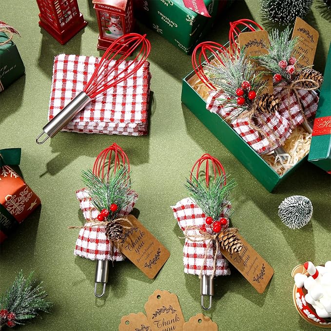 12 Sets Christmas Whisk Baking Supplies Gifts Sets Include Stainless Steel Whisk, Greeting Card, Snowfall Pine Branch, Plaid Towel, Rope for Xmas Neighbor Employee Stocking Stuffer Cooking (10 Inch)