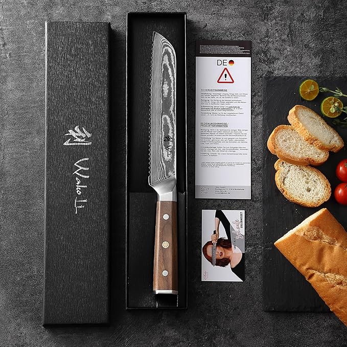 Wakoli HIK Full Tang Damascus Bread Knife – Serrated Kitchen Knife | 8-Inch Blade Made of 67-Layer Damascus Steel with VG10 Core | Walnut Wood Handle | Sharp, Durable, Gift Box Included
