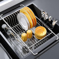 Over the Sink Expandable Dish Drainer Drying Rack In Stainless Steel for Small Kitchen, Counter Space Saving Modern Compact Metal Above Plate Dryer Strainer, Adjustable Hanging Inside Drain Holder