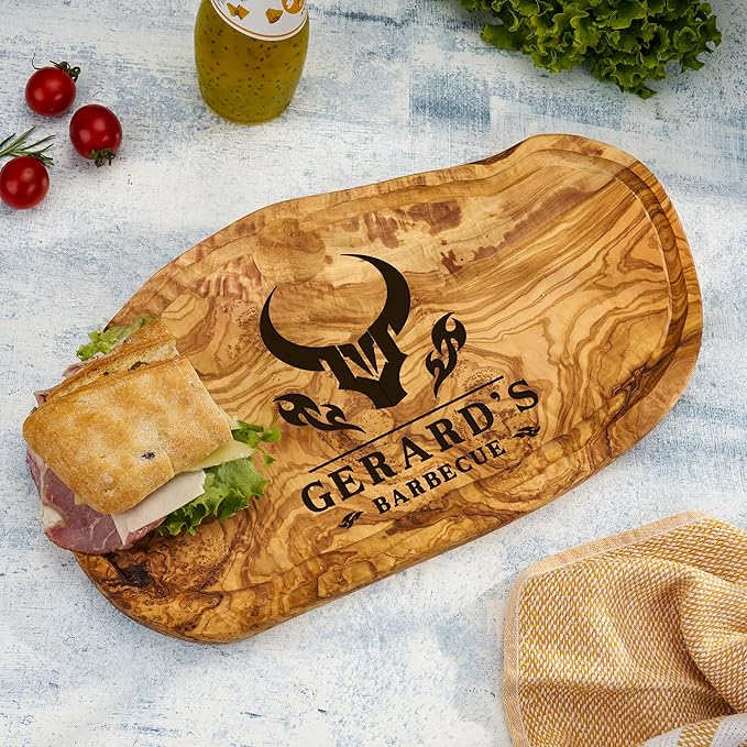 AWESOMETIK Juice Groove Personalized Olive Wood Grill Design Charcuterie Board – Custom Engraved BBQ Gift for Dad & Husband - Handcrafted - Natural - Premium Quality