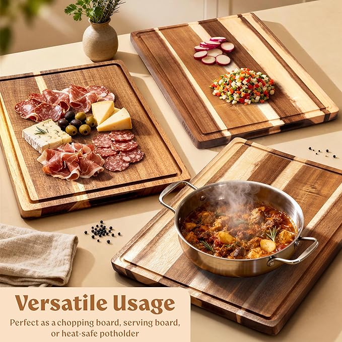 Acacia XL Wood Cutting Board for Kitchen, Large Cutting Board 17.1 × 12.8 - Chopping Board with Juice Groove, Knife-Friendly & Durable Wooden Cutting Board