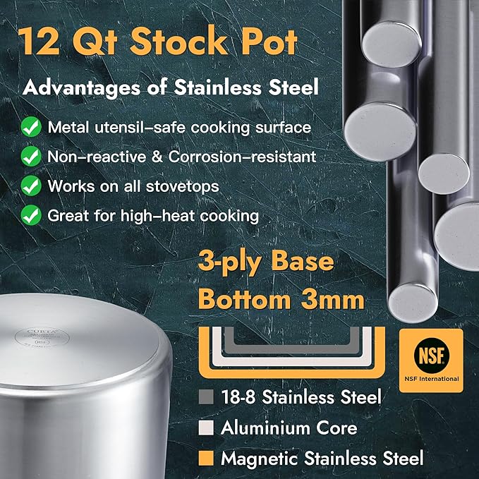 CURTA 12 Quart Large Stock Pot with Lid, NSF Listed, 3-Ply 18/8 Stainless Steel Cooking Pot, Commercial Cookware for Soup, Stew & Sauce, Riveted Silicone Handle, Induction Ready