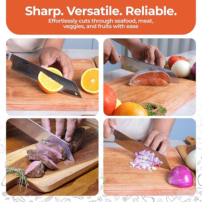 Gidli 8-Inch Chef Knife with Diamond Sharpener – Sharp Kitchen Knife Made of German Carbon Stainless Steel with Ergonomic Wooden Handle for Slicing, Chopping&Dicing of Meat, Seafood -Gift Box Included