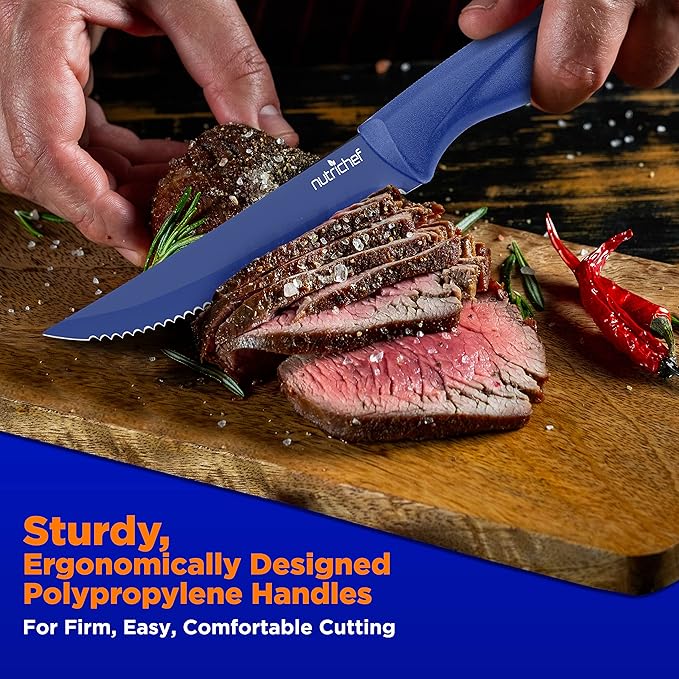 NutriChef SereneLife Stainless Steel Knife Set, 8 Pcs. - Non-Stick Coating, Sharp Serrated Blades, Professional Kitchen Set, Rust-Resistant, Dishwasher Safe, Ideal for BBQ & Grilling, Blue