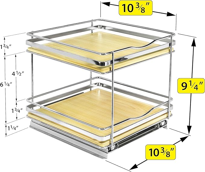 LYNK PROFESSIONAL® Élite™ Pull Out Spice Rack Organizer for Inside Kitchen Cabinets - 10-3/8 inch Wide - Slide Out Drawer – Wood/Chrome Sliding Spice Cabinet Organization Shelf Racks - 2 Tier