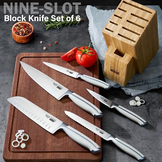 Cooks Standard Kitchen Knife Set with Block 6-Piece, Stainless Steel Forge High Carbon German Blade with Expandable Bamboo Storage Block for Extra Slots, White