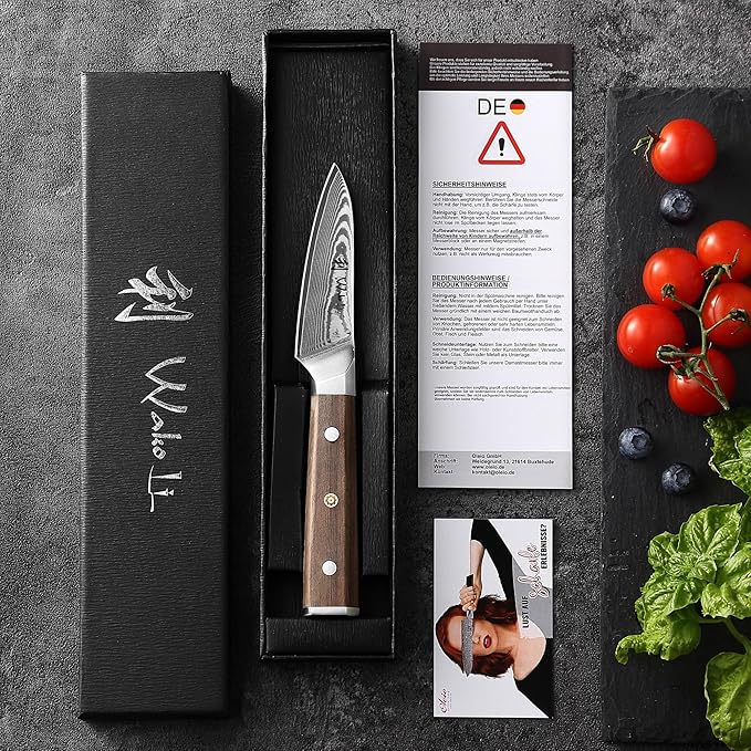 Wakoli HIK Damascus Office Knife – Full Tang Paring Knife | 3.4-Inch Blade Made of 67-Layer Damascus Steel with VG10 Core | Walnut Wood Handle | Sharp, Durable, Gift Box Included