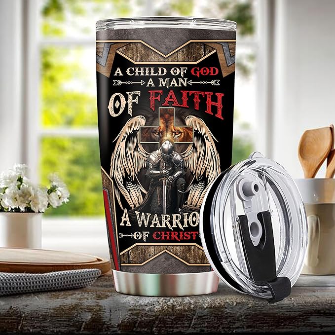 A Child of God Man of Faith Warrior of Chirst Jesus Tumbler 20oz Stainless Steel Cups with Lid Travel Mug Coffee Cup Christian Gifts For Men Dad Husband Grandpa Christmas Birthday Fathers Day
