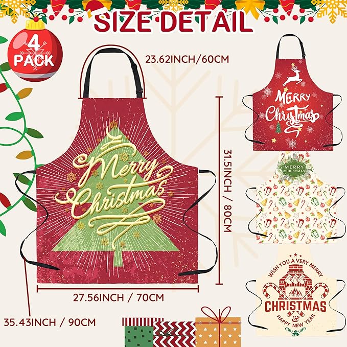 4 Pack Funny Christmas Kitchen Aprons for Women Men Adjustable Cooking Chef Aprons Waterproof Bib Aprons Cute Xmas Party Gift