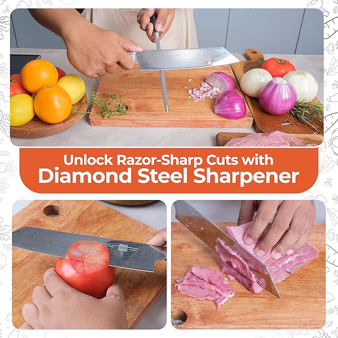 Gidli 8-Inch Chef Knife with Diamond Sharpener – Sharp Kitchen Knife Made of German Carbon Stainless Steel with Ergonomic Wooden Handle for Slicing, Chopping&Dicing of Meat, Seafood -Gift Box Included