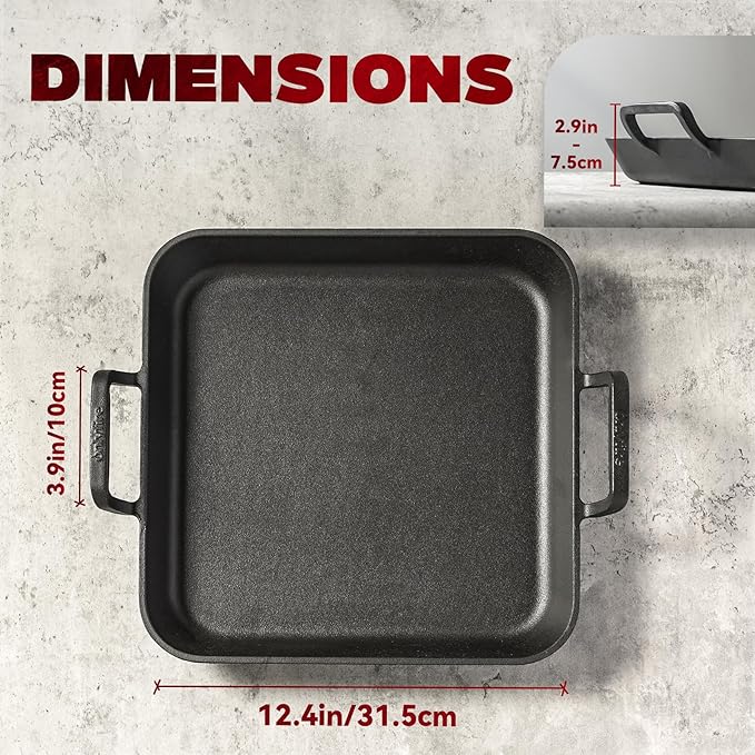 Onlyfire Pre-Seasoned Cast Iron Skillet, 12 Inch Square Steak Pan Frying Pan with Nonstick Perforated Grill Surface and Dual Handles, Cast Iron Grill Pan for Grills, Oven and All Stovetops