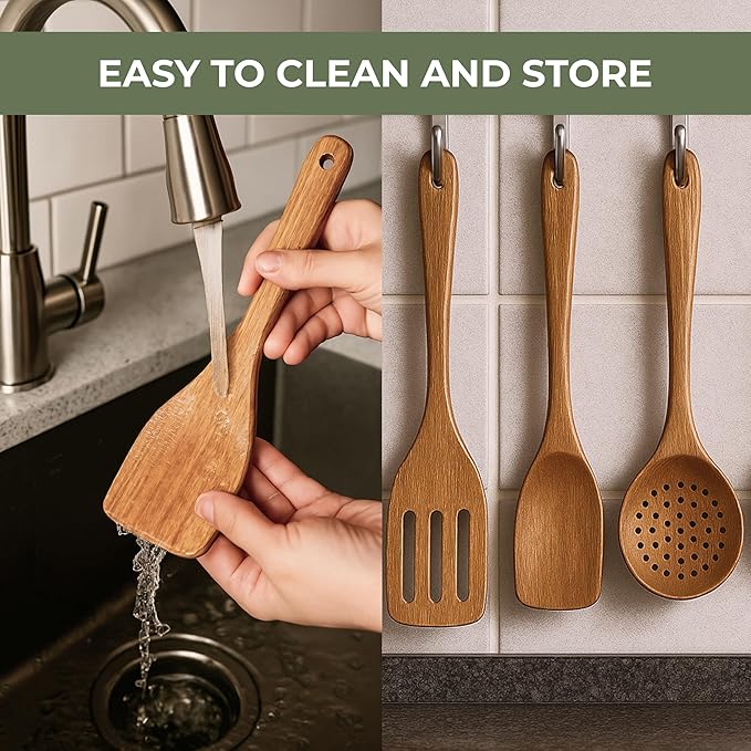 Vasilek Wooden Utensil Set XXL – 13 Piece Acacia Wood Cooking Tools with Square Holder for Nonstick Cookware with Holder & Spoon Rest – Wooden Spoons for Cooking, Spatula, Spurtle
