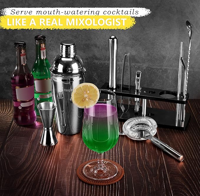 Bartender Kit with Stand, 11 Piece Set, Cocktail Shaker Set 24 oz Shaker Bar Tool Set for Beginner with Recipe