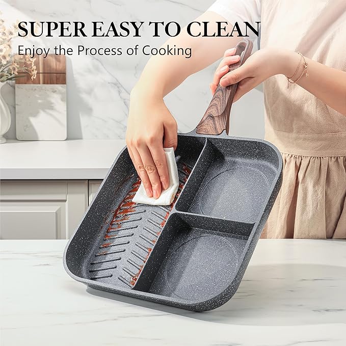 Sensarte Nonstick 11-Inch Square Grill Pan, 3-Section Versatile Breakfast Skillet, Die-cast Aluminum, PFOA, PFOS, APEO Free, Induction, Gas, Electric, Glass, Ceramic