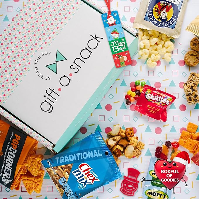 Gift A Snack - Christmas Candy Stocking Stuffers, Pre-filled Holiday Snack Box Care Package + Greeting Card (45 Count) Sweet Treats Gift Basket, Candies Chips Food Assortments & Variety Gifts