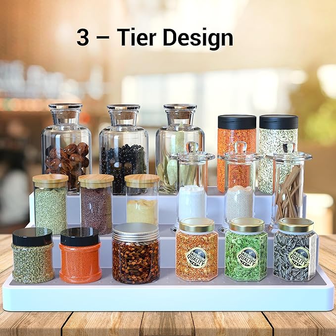 YAN & HIN 3pcs/set 3-Tier Spice Rack Organizer for Cabinet with Non-Skid Surface, Seasoning Racks, Cupboard Shelf Organizers, Kitchen Spices Storage & Pantry Organization, 14 x 7 x 2.95 inches