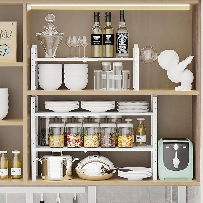 Expandable Shelf for Cabinet Organizer Adjustable Stackable Spice Rack at Kitchen and Bathroom More, Counter Countertop Cupboard Organization Pantry Storage, (2 Packs/White, Large)