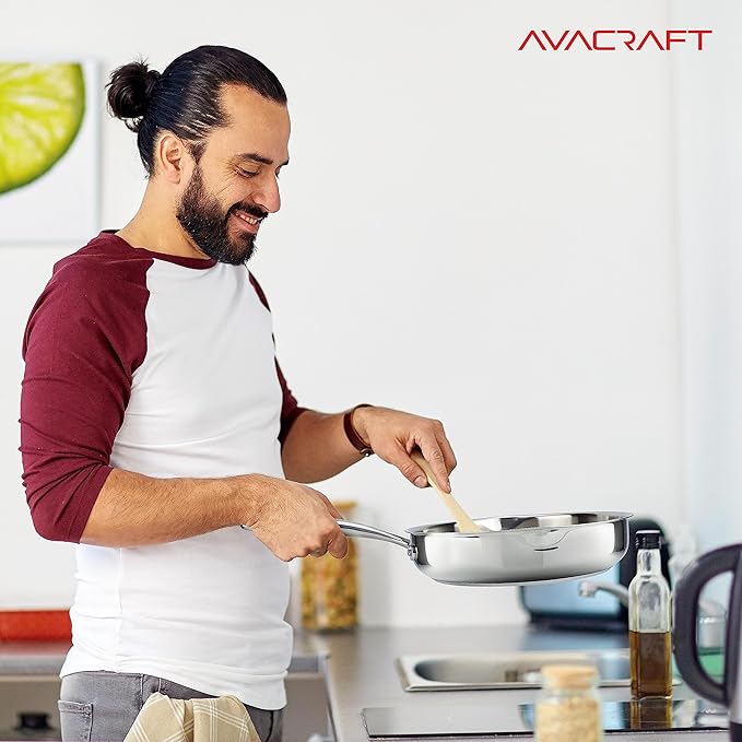 AVACRAFT 18/10 10 Inch Stainless Steel Frying Pan with Lid, Side Spouts, Induction, Versatile Stainless Steel Skillet