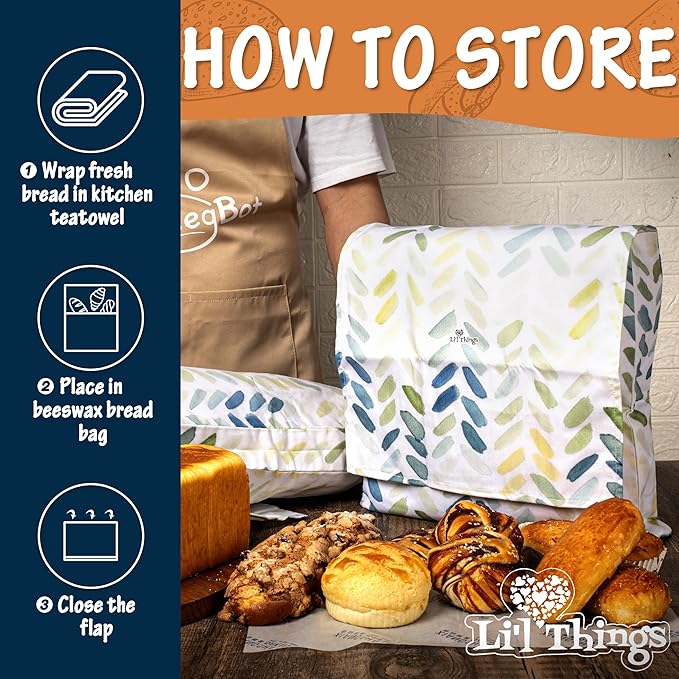 Li’l Things Beeswax Bread Bags 2.0 (Set of 2) – 13"×13" Boule Bag & 15"×9" Baguette/Oblong Bag – Cotton with Organic Beeswax Lining, Reusable Bread Storage, Plastic-Free, Washable - Paintbrush