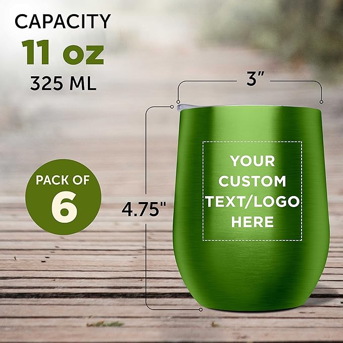 Custom Stemless Wine Glass Tumblers with Lids by Largo 11 oz. Set of 6, Personalized Bulk Pack - Perfect for Wine, Cocktails, Other Hot & Cold Beverages - Lime Green