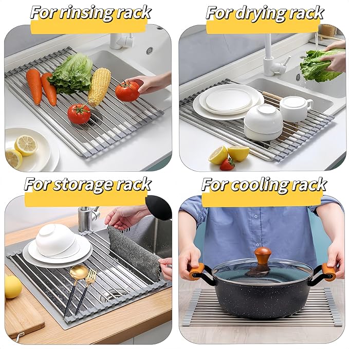 Roll Up Dish Drying Rack, 19.7" x 15.8" Over The Sink Dish Drying Rack, Kitchen Dish Rack Foldable Dish Drainer, Stainless Steel Dish Drying Rack for Kitchen Sink Counter Storage (Grey)