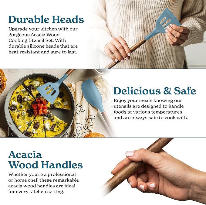 Silicone Kitchen Utensils Set & Holder: Cooking Utensils Set - Kitchen Essentials for New Home & 1st Apartment- Silicone Spatula Set, Cooking Spoons for Nonstick Cookware (Acacia Wood, Blue)