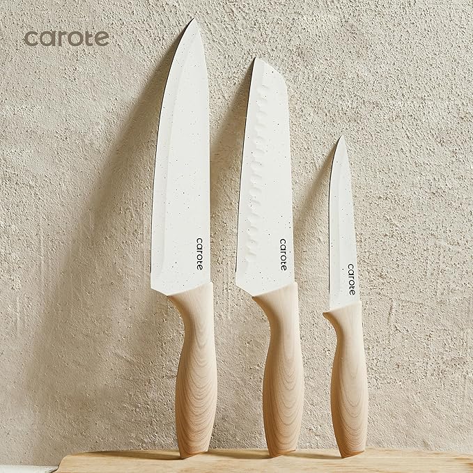 CAROTE 12PCS Knife set with Blade Guards,Granite Nonstick Ceramic Coating,Stainless Steel blade, Wood Grain Handle, Essential knife set,White