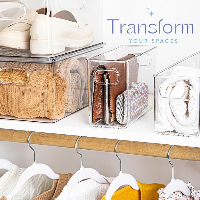primebox Plastic Food Storage 2 Pack Clear Container Bin with Handles for Organizing Kitchen, Pantry, Refrigerator, Freezer, Pantry, Cabinet, Closet, Bathroom. 10”x4”x6”
