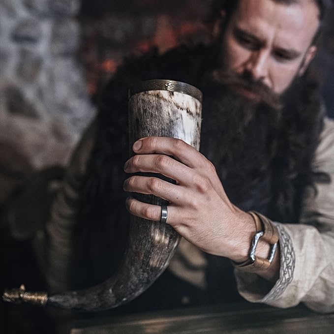 Norse Tradesman Genuine 20" Ox-Horn Viking Drinking Horn with Antique Brass Rim & Wolf Tip, Fitted Stand & Burlap Gift Sack - The Fenrir, 20-Inches, Low Polish
